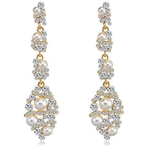 León Jewelry Long Dangle Drop Earrings Faux Pearl Bohemian Rhinestone Wedding Bridal Bride Bridesmaid