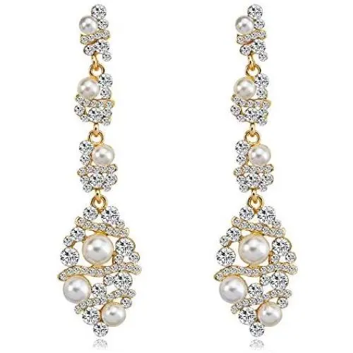 León Jewelry Long Dangle Drop Earrings Faux Pearl Bohemian Rhinestone Wedding Bridal Bride Bridesmaid