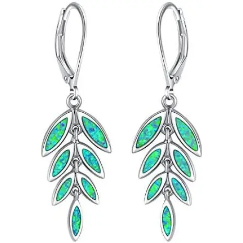 Opal Gem Leverback Earrings Lightweight, Olive Leaf Opal Earrings for Women Girls