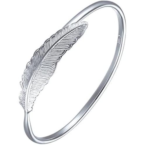 SA SILVERAGE 925 Sterling Silver Feather Bracelet Bangles For Women Vintage Style Adjustable Cuff Jewelry