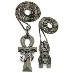 Shiny Jewelers USA Mens Egyptian Anubis & ANKH Cross Pendant & Box Chains Hip HOP Necklace Set Black