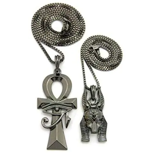 Shiny Jewelers USA Mens Egyptian Anubis & ANKH Cross Pendant & Box Chains Hip HOP Necklace Set Black Shiny Jewelers USA Mens Egyptian Anubis & ANKH Cross Pendant & Box Chains Hip HOP Necklace Set Black