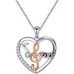 DAOSHANG 925 Sterling Silver Two Tone Music Note Love Heart Pendant Treble Clef Necklace for Women Jewelry Gift for Music Dance Lover