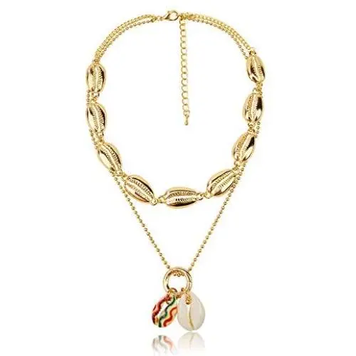 The Woos Layered Simulated Chain Choker Shell Map Heart Crystal Pendant Necklace Hollow Out Round Circle Punk Chunky Gold Long Chain Statement Choker Necklace for Women Girls Jewelry