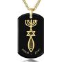Mens Christian Messianic Seal Necklace Onyx Dog Tag Pendant 24k Gold Inscribed with Romans Bible Scripture Verses within Grafted In Symbol of Intertwined Menorah Star of David and Fish, 20'' Chain
