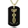 Mens Christian Messianic Seal Necklace Onyx Dog Tag Pendant 24k Gold Inscribed with Romans Bible Scripture Verses within Grafted In Symbol of Intertwined Menorah Star of David and Fish, 20'' Chain