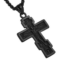 HZMAN Vintage Orthodox Cross Crucifix Stainless Steel Pendant Necklace 22+2 Inches Chain, Colour Silver Gold Black
