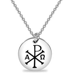 BEKECH Ancient Christian Symbol Jewelry Chi Rho Alpha Omega Symbol Pendant Christogram Necklace Religious Medal Gift for Christian Culture Lovers