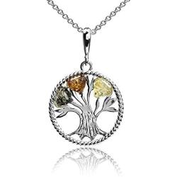 Multicolor Amber Sterling Silver Lucky Tree Pendant Necklace Chain 18''