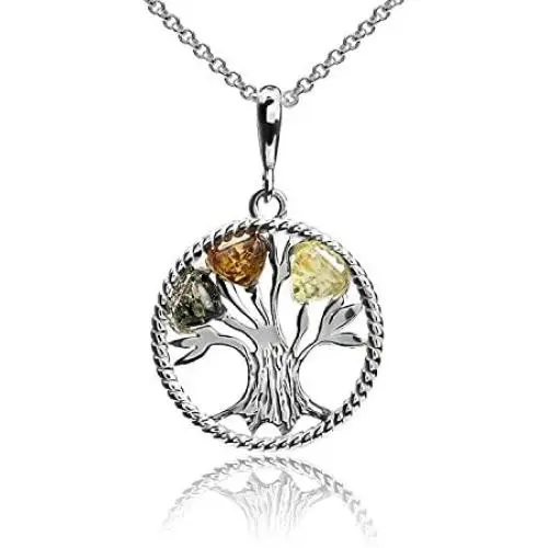 Multicolor Amber Sterling Silver Lucky Tree Pendant Necklace Chain 18''