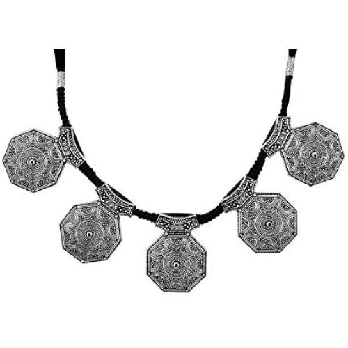 Saissa Silver Tone Oxidized Choker Boho Gypsy Thread Rope Indian Bollywood Necklace Jewelry for Women