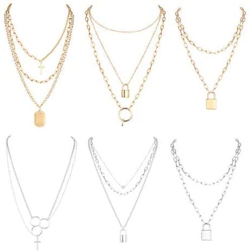Thunaraz 6Pcs Lock Chain Necklace Statement Lock Pendant Necklace Punk Chunky Rose Gold Silver Egirl Eboy Long Multilayer Chains