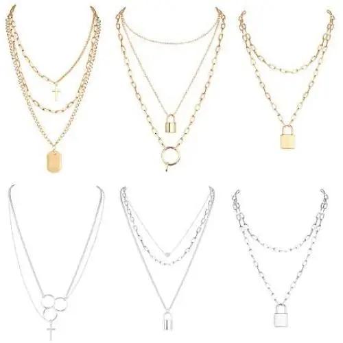 Thunaraz 6Pcs Lock Chain Necklace Statement Lock Pendant Necklace Punk Chunky Rose Gold Silver Egirl Eboy Long Multilayer Chains Thunaraz 6Pcs Lock Chain Necklace Statement Lock Pendant Necklace Punk Chunky Rose Gold Silver Egirl Eboy Long Multilayer Chains