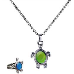 2Pcs Temperature Color Changing Mood Rings and Mood Necklace Turtle Heart-shaped Cross Butterfly Star and Moon Retro Oval Pendant Necklace