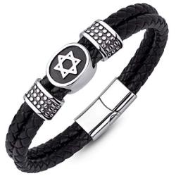 555Jewelry Stainless Steel Star of David Braided Leather Bracelet for Men