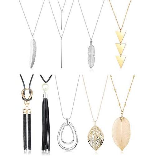 ORAZIO 9 Pcs Long Necklace Set for Women Disk Tassel Fringe Necklace Simple Bar Statement Pendant Necklace Silver and Gold Fashion Jewelry Set ORAZIO 9 Pcs Long Necklace Set for Women Disk Tassel Fringe Necklace Simple Bar Statement Pendant Necklace Silver and Gold Fashion Jewelry Set
