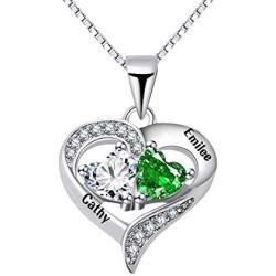 YINSHIFU Name Necklace Personalized Heart Necklace with 2 Birthstones, Customized 2 Names Pendant for Couples Valentines Day Gift