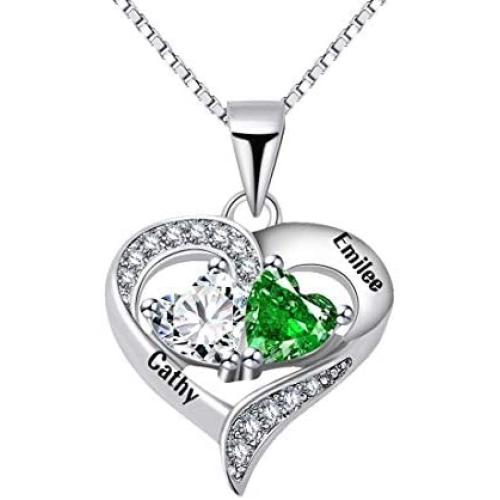 YINSHIFU Name Necklace Personalized Heart Necklace with 2 Birthstones, Customized 2 Names Pendant for Couples Valentines Day Gift