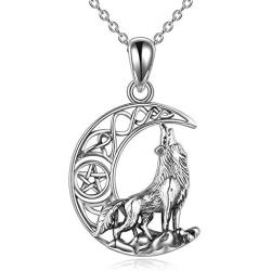 POPLYKE Sterling Silver Wolf Necklace Gifts for Women Celtic Knot Wolf Moon Pendant Necklace Jewelry for Men Girls 18+2