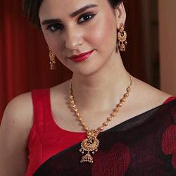 Tarinika Mara Gold-Plated Indian Jewelry Set with Necklace and Earrings - White Red
