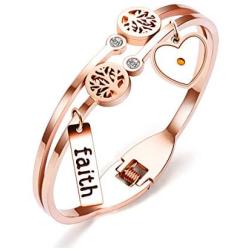 Uloveido Rose Gold Plated Tree of Life Bangle Cuffs Faith Mustard Seed Pendant Charms Open Bracelet for Women Y1028