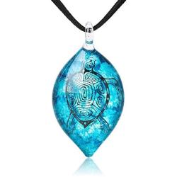 SUVANI Hand Blown Glass Jewelry Sea Turtle Ocean Blue Marquise Shape Pendant Necklace 18''-20''