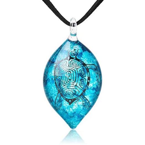 SUVANI Hand Blown Glass Jewelry Sea Turtle Ocean Blue Marquise Shape Pendant Necklace 18''-20''