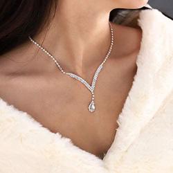 Yikisdy Bride Wedding Necklace Earrings Set Silver Crystal Jewelry Sets Bridal Neck Chain Jewelry Rhinestone Pendant Necklace Accessories Gifts for Women and Girls (Set of 3, 1 necklace and 2 earrings)