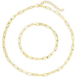 IS ISAACSONG Statement 14k Gold Plated 4mm Thick Oval Chain Link Choker Collar Necklaces and Link Chain Bracelets Chunky Gold Jewelry Set for Women