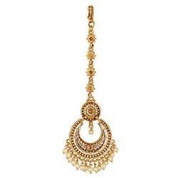 MUCH-MORE Light Weighted Gold Polish Kundan Work Maang Tikka for Girls & Women