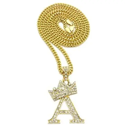 CBC Crown Rhinestone Studded Crown Initial Alphabet Letter Pendant Necklace 24'' Cuban Chain Necklaces in Gold Tone or Silver Tone