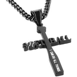 HZMAN Softball Bat Cross Pendant, I CAN DO ALL THINGS STRENGTH Bible Verse Stainless Steel Necklace