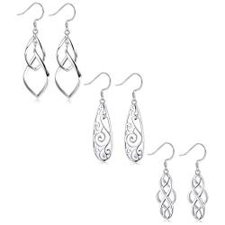 LOYALLOOK 3Pairs 925 Sterling Silver Celtic Knot Filigree Teardrop Double Twist Wave Long Tassels Drop Dangle Earrings for Women