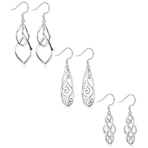 LOYALLOOK 3Pairs 925 Sterling Silver Celtic Knot Filigree Teardrop Double Twist Wave Long Tassels Drop Dangle Earrings for Women