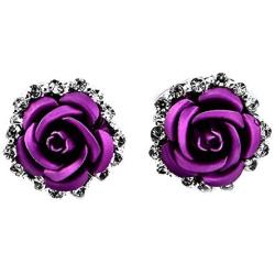 HSQYT Rose Flower Stud Earrings Silver Plated Simulated Coral Rose Crystal Earrings Lovely Simple Floral Charm Stud Earring Fashion Jewelry for Women Girl 20mm (Purple Rose Earring)