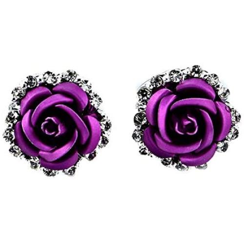 HSQYT Rose Flower Stud Earrings Silver Plated Simulated Coral Rose Crystal Earrings Lovely Simple Floral Charm Stud Earring Fashion Jewelry for Women Girl 20mm (Purple Rose Earring)