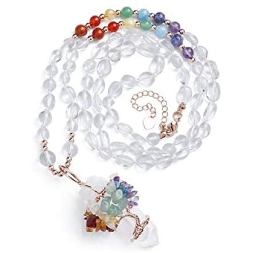 JOVIVI Natural Amethyst Rose Quartz Chakras Gemstone Healing Crystals Necklace Wire Wrapped Irregular Raw Clear Quartz Tree of Life Pendant Healing Pointed Reiki Energy Balancing