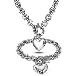 Heart Pendant Necklace and Bracelet Chain Stainless Steel Silver Drop White Jewelry Set
