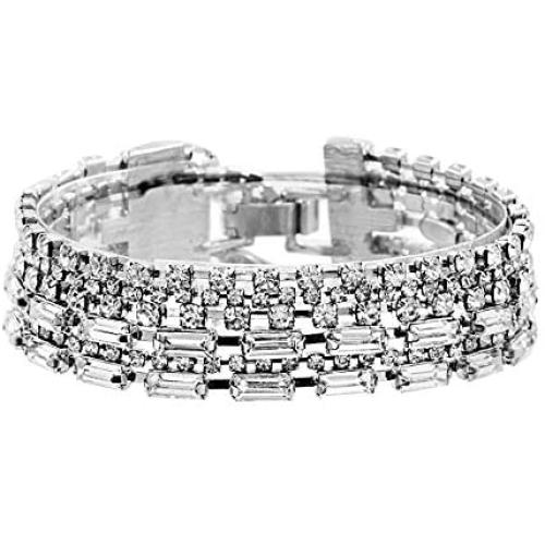Steve Madden Silver Tone Rhinestone Layered Bangle Bracelet For Women, White, one size (SMB509831RH)