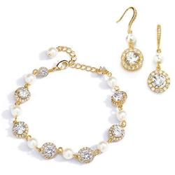Mariell 14K Gold & Pearl Round CZ Bridal Bracelet & Earrings Set - Wedding Jewelry Sets for Bridesmaids