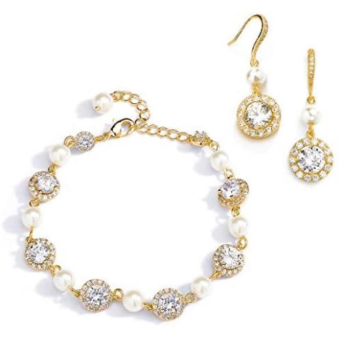 Mariell 14K Gold & Pearl Round CZ Bridal Bracelet & Earrings Set - Wedding Jewelry Sets for Bridesmaids