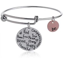 Expandable Inspirational Jewelry Women Charm Stackable Bracelet, “Be Thankful, Brave, Happy, Kind, True, Compassionate, Strong”, Gift Girls Her