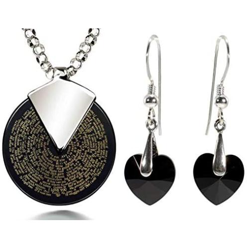 I Love You Necklace 24k Gold Inscribed in 120 Languages in Miniature Text on Spinning Round Black Onyx Gemstone Pendant and Black Crystal Heart Drop Earrings Jewelry Set for Women, 18'' Rolo Chain