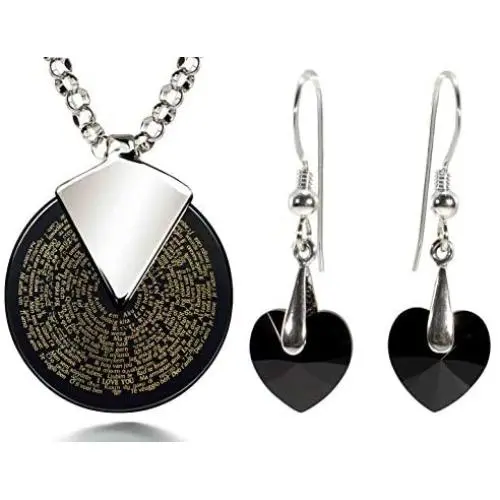 I Love You Necklace 24k Gold Inscribed in 120 Languages in Miniature Text on Spinning Round Black Onyx Gemstone Pendant and Black Crystal Heart Drop Earrings Jewelry Set for Women, 18'' Rolo Chain I Love You Necklace 24k Gold Inscribed in 120 Languages in Miniature Text on Spinning Round Black Onyx Gemstone Pendant and Black Crystal Heart Drop Earrings Jewelry Set for Women, 18'' Rolo Chain
