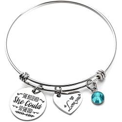 She Believed She Could So She Did Expandable Bangle, Stainless Steel Inspirational Birthstone Charm Cuff Bracelet Graduation Birthday Gifts for Mom, Daughter, Sister, Girls and Women