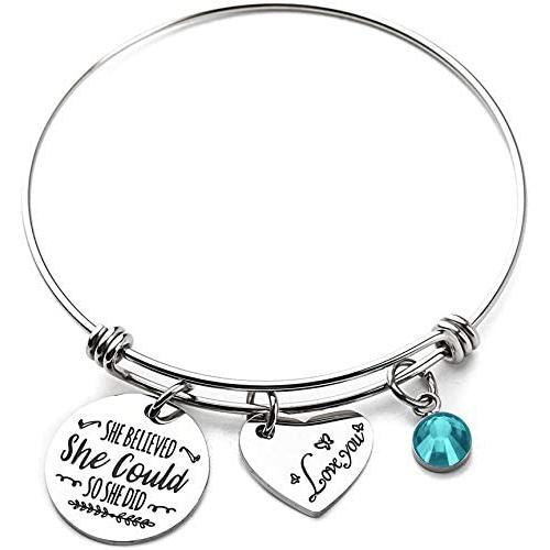 She Believed She Could So She Did Expandable Bangle, Stainless Steel Inspirational Birthstone Charm Cuff Bracelet Graduation Birthday Gifts for Mom, Daughter, Sister, Girls and Women