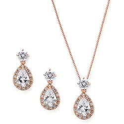 Mariell Rose Gold CZ Pear Shaped Necklace and Earrings Set - Wedding Jewelry for Brides & Bridesmaids