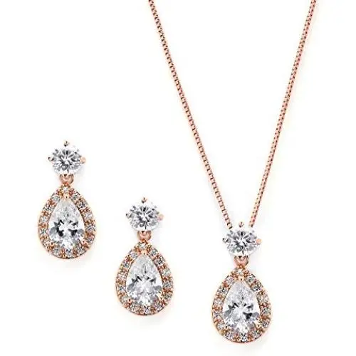 Mariell Rose Gold CZ Pear Shaped Necklace and Earrings Set - Wedding Jewelry for Brides & Bridesmaids