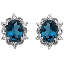 Jewelili Sterling Silver 8x6mm Oval London Blue and Round White Topaz Stud Earrings