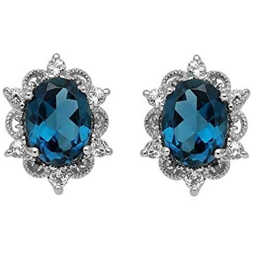 Jewelili Sterling Silver 8x6mm Oval London Blue and Round White Topaz Stud Earrings